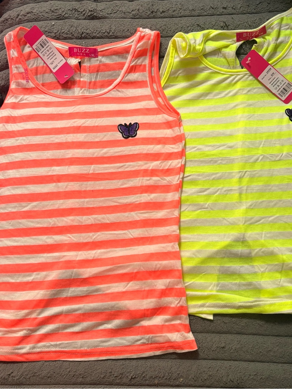 Buzz Girls' Neon Coral Striped Tank Top with Purple Butterfly